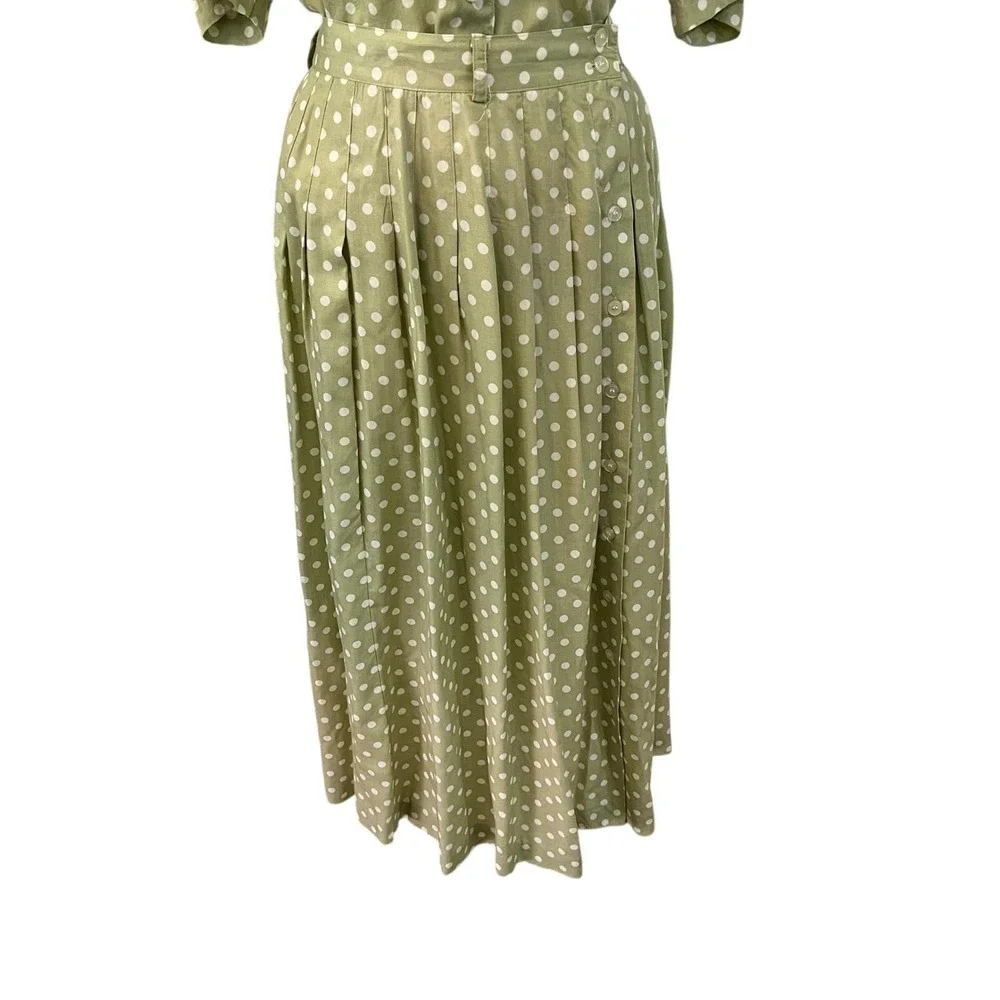 Vintage Rayon Skirt Set Polka Dot Sage Midi Tea Dress Cottagecore 12 - Picture 3 of 10